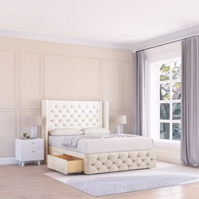 Sloomy Luthor Plush Velvet Wingback Bed Set with Floor Standing Headboard in Beige, Super King, W/D/H: 200 x 200 cm