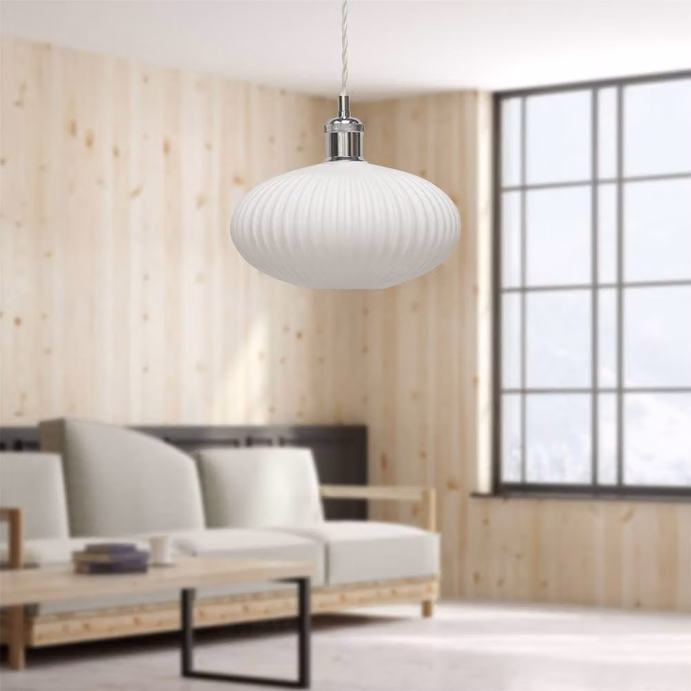 First Choice Lighting Baton Retro Pendant Fitting with White Ribbed Oval Glass and Chrome Finish – 2