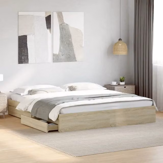 Berkfield Home Sonoma Oak Bed Frame with Drawers in Brown, 200 x 200 cm