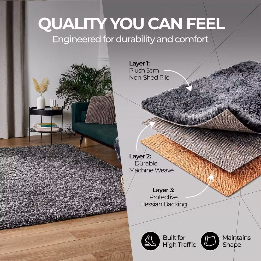Bravich LTD Shaggy Area Rug in Dark Grey, W: 160 cm, D: 230 cm, 5 cm High Pile – 5