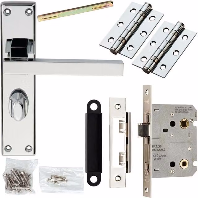 Loops Chrome Straight Square Door Handle and Bathroom Lock Pack with Thumb Turn