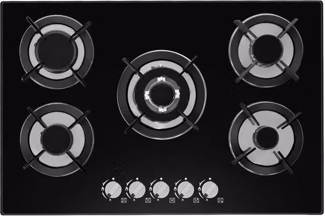 SPETLEK 5 Burner Built-in Gas Hob, 77cm, Black Tempered Glass with Cast Iron Pan Supports