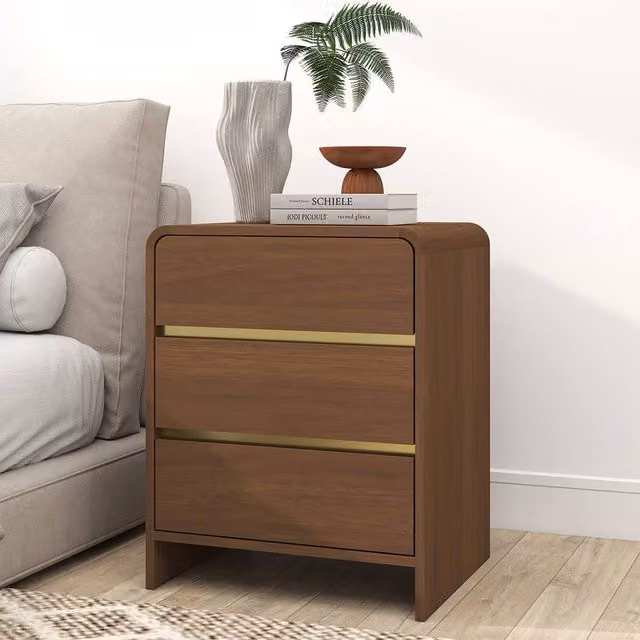 Melody Maison Meridian Walnut 3 Drawer Bedside Table in Brown and Gold