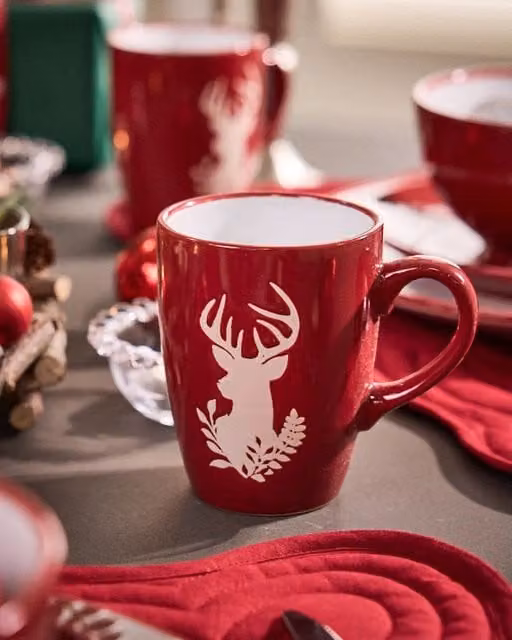 Dibor Set of 8 Red and White Reindeer Ceramic Mugs, 310ml per Mug