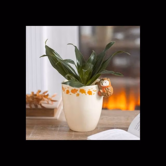 KDMD Autumn Ceramic Plant Pot with Hedgehog for Indoor Plants in Beige and White