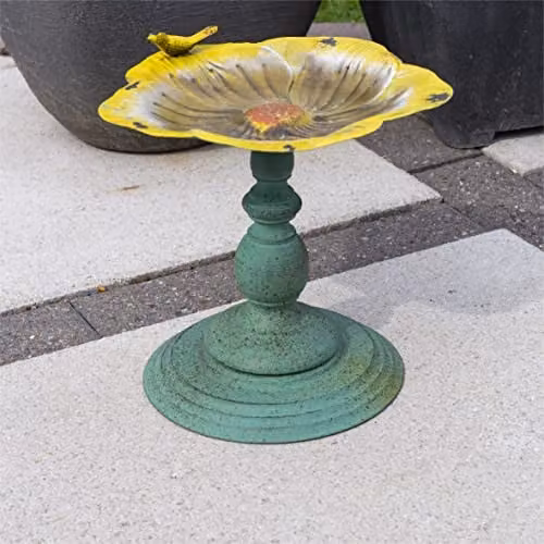 St Helens Home & Garden Yellow Floral Metal Ornamental Pedestal Bird Bath, W/D/H: 24.5 x 24.5 x 26.5 cm