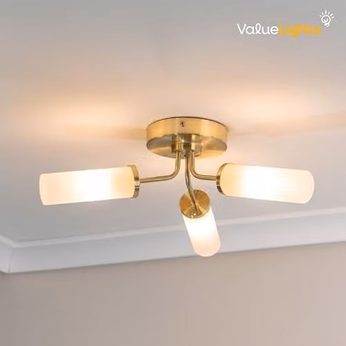 ValueLights Gold and Brass IP44 Bathroom Wall and Ceiling Light Fitting with Transparent Glass Cylinder and LED Bulbs Included – 2