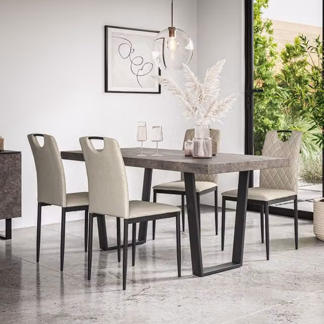 More4Homes Aria Dining Table and Monza Linen Dining Chair Set, Concrete Effect Table Top with Black Legs and 4 Beige Chairs, W/D/H: 160 x 80 x 76 cm
