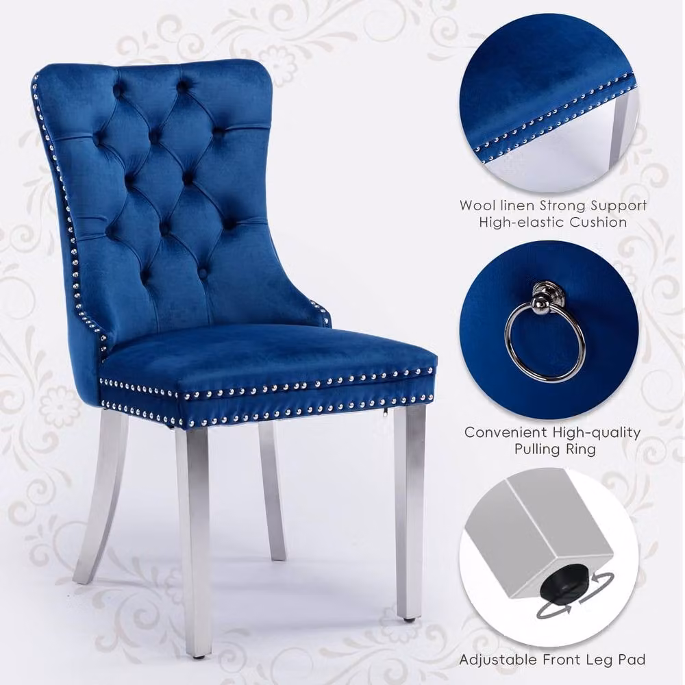 HomeTouch Winchester Set of 6 Blue Velvet Upholstered Kitchen Dining Chairs with Silver Chrome Legs – 5