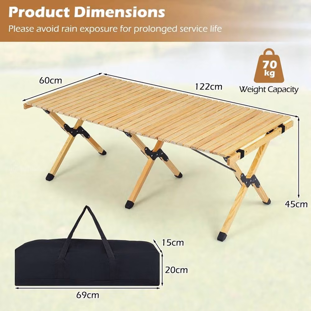 FORGEVIO Natural Pine Wood Roll-Up Portable Picnic Table with Carrying Bag – 2