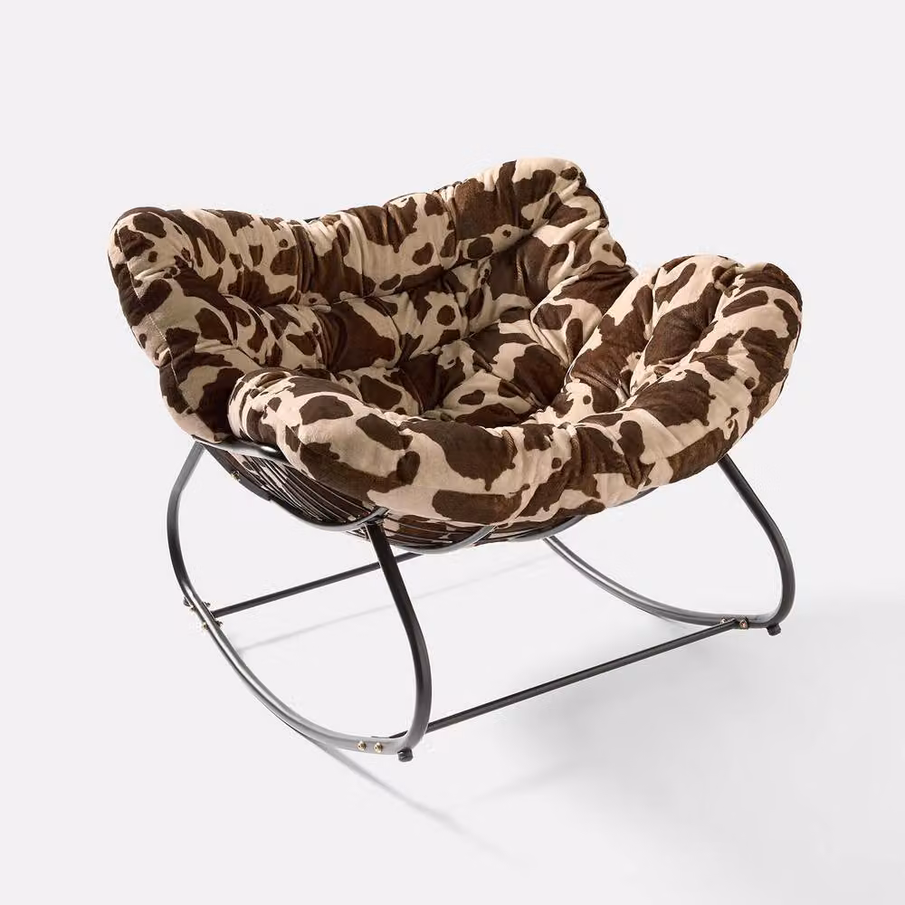 OHS Animal Print Fleece Rocking Chair with Armrests and Metal Frame in Brown and Multicolour – 2