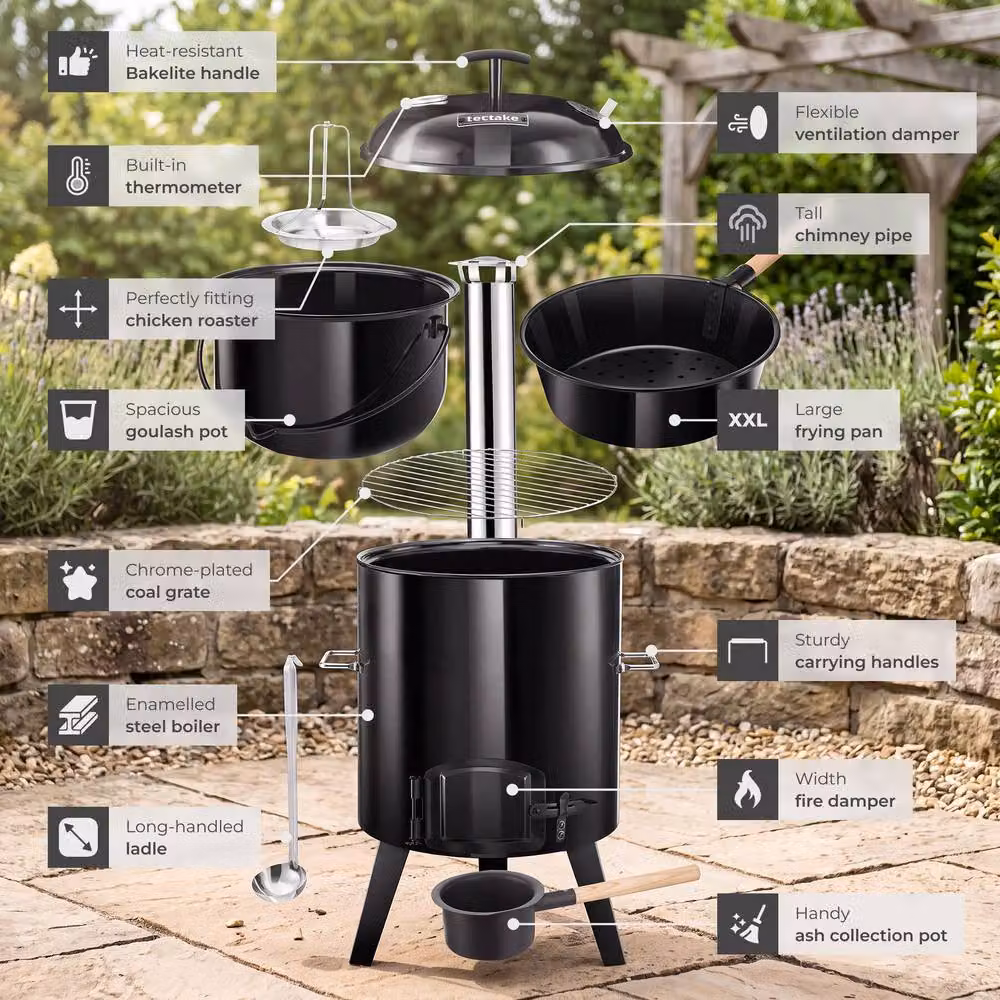 tectake Field Kitchen Rocket 17 L 5-in-1 Black Enamelled Steel Outdoor Cooking Station with Accessories and Thermometer W/D/H: 90.0 x 48.0 x 47.0 cm – 5