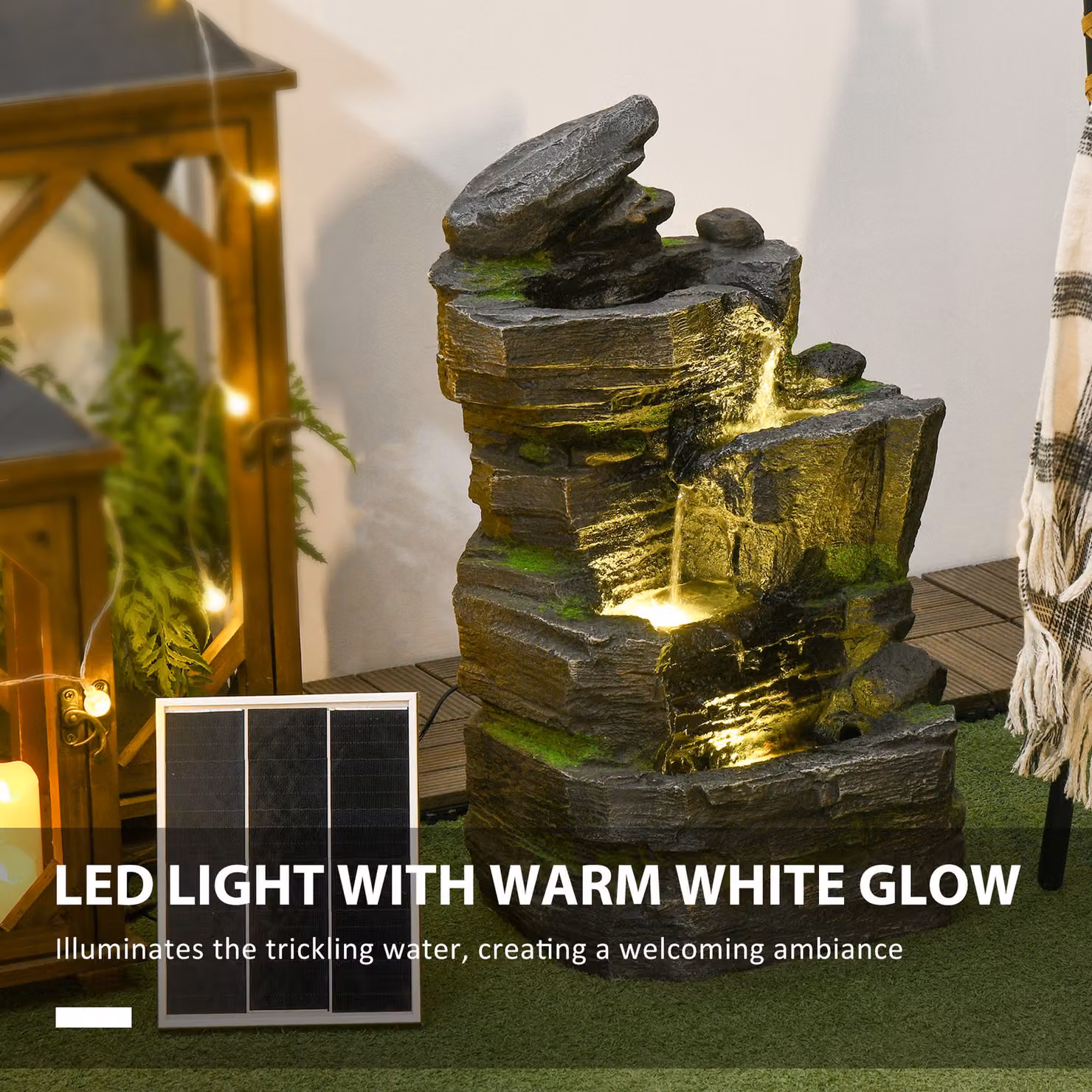 Outsunny Solar-Powered Garden Water Fountain with LED Lights, Stone Rock Tower Cascade in Dark Grey – 4