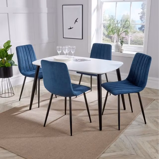 Core Products Ltd Aspen White Rectangular Dining Table and 4 Blue Cord Fabric Chairs Set W/D/H: 120 x 80 x 75 cm