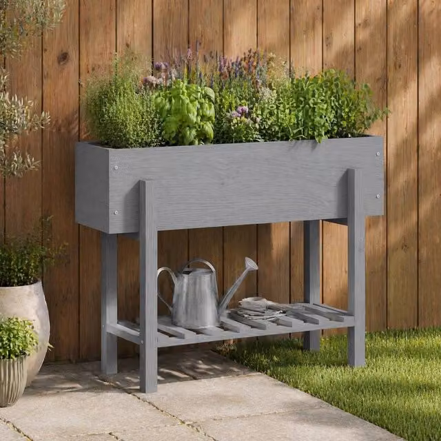 STILVORA Grey Lacquered Wooden Raised Planter Bed for Vegetable and Herb Gardens W/D/H: 100 x 70.5 x 35 cm – 1