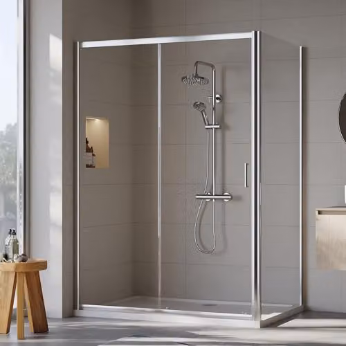 Balterley Sliding Shower Door with Side Panel and Square Shower Tray, 6mm Toughened Safety Glass, Chrome and White – 2