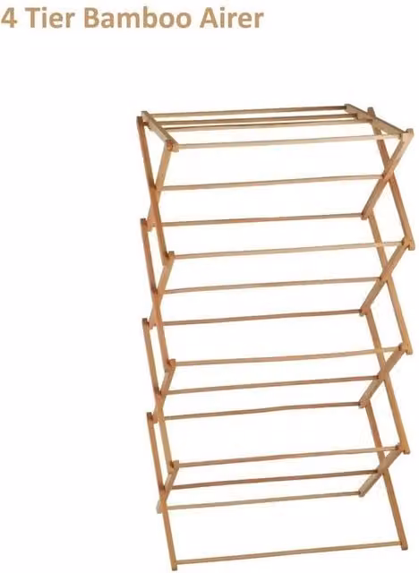 PAWNORA 4-Tier Foldable Bamboo Clothes Airer in Natural Brown