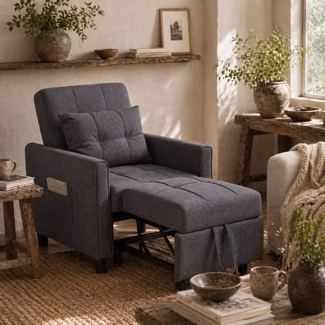 Wyld Haus Remina Grey Linen Look 3 in 1 Single Chair Bed with Armrests