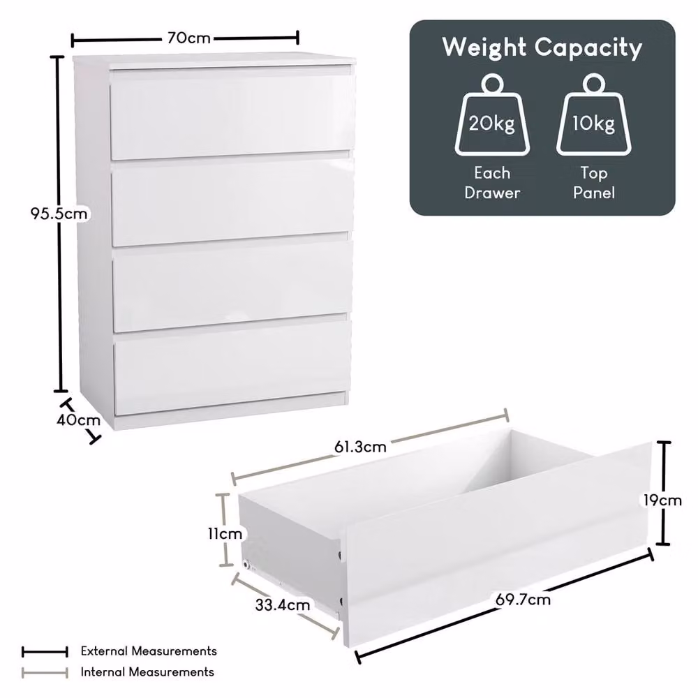EONLION Modern Glossy White 4 Drawer Chest of Drawers for your Bedroom, Width: 100 cm – 2