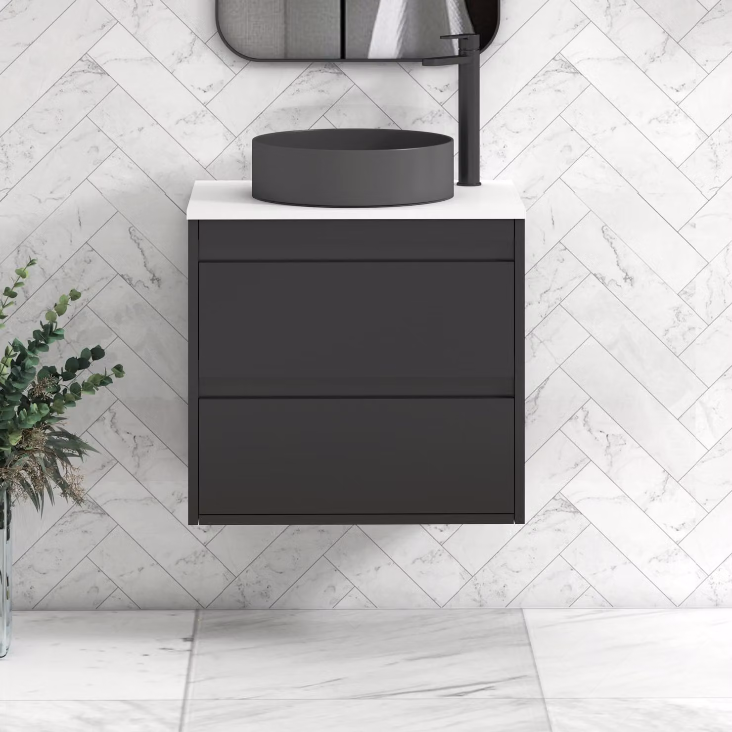 Royal Bathrooms Orion 600mm Matt Obsidian Black Wall Hung Vanity Unit with 2 Drawers and White Art Round Basin