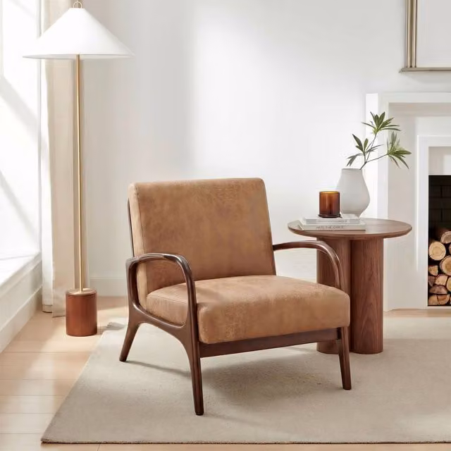 FurnitureboxUK Esmeray Mid Century Modern Accent Chair in Tan Faux Leather with Solid Rubberwood Frame