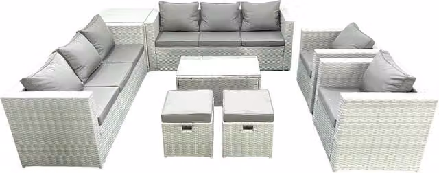 Fimous Outdoor Rattan Garden Furniture Set in Light Grey with 2 Armchairs, Oblong Coffee Table, 2 Footstools and Side Table