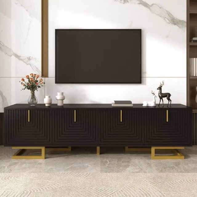 BTM Modern Black Wood TV Stand with Textured Doors and Gold Handles, W: 160.0 cm, D: 38.0 cm, H: 44.5 cm – 1