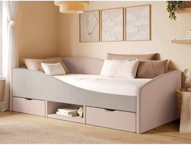 Flair Aubrey Pink Velvet Low Sleeper Bed with Beige Cord and Storage Drawers