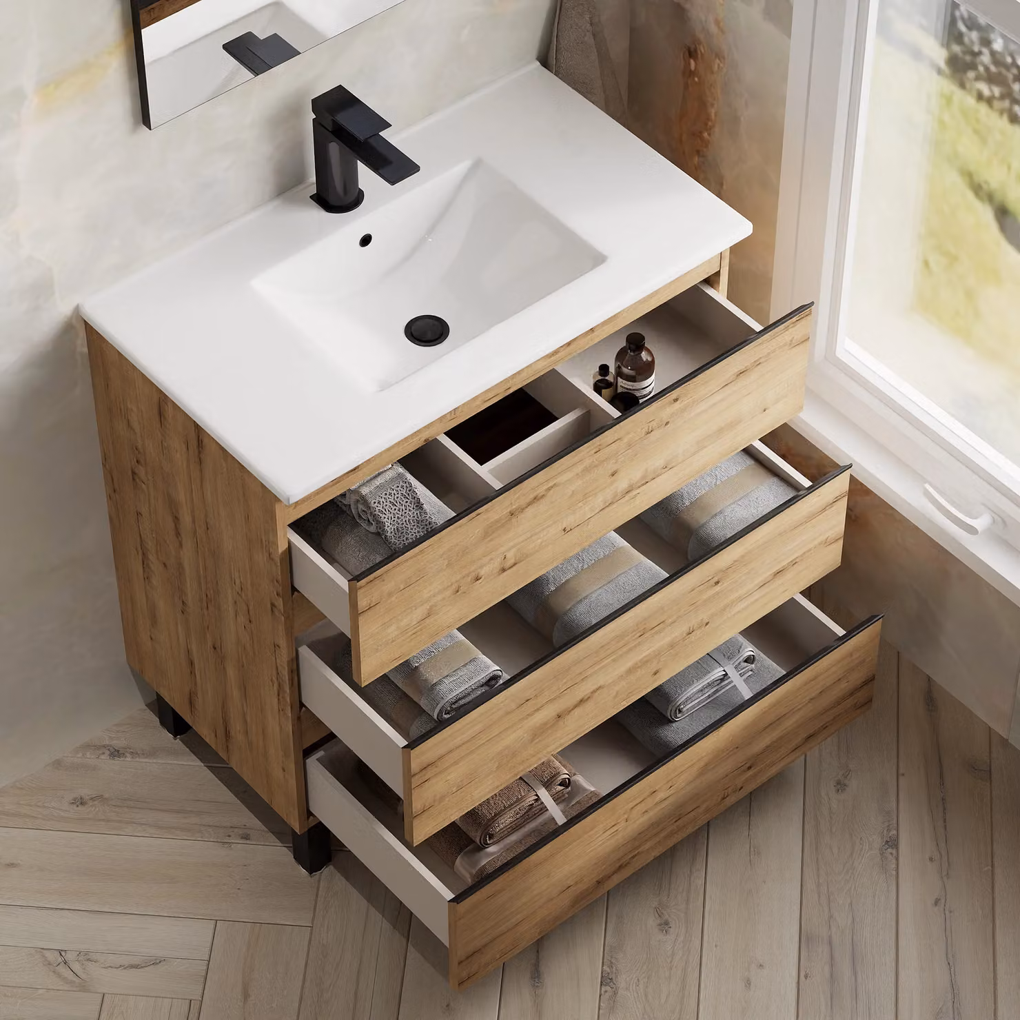 Banyetti Vatilla 800mm Floorstanding Vanity Unit with Lira Basin in Ostippo Light Oak – 2