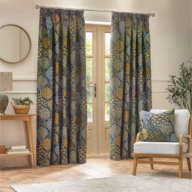 Make It A Home Ophelia Floral Jacquard Pencil Pleat Curtains in Blue and Yellow, W: 137 cm, H: 229 cm