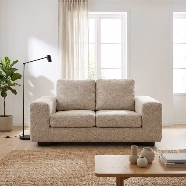 Abakus Direct Boston 2 Seater Sofa in Beige Bouclé Fabric with Solid Wood Frame