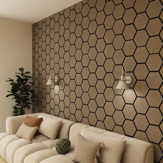 Wall Panels UK 2 Pack Walnut Hexagonal Acoustic Wall Panels in Brown Wood Look MDF