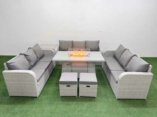 Fimous 11 Seater PE Rattan Outdoor Garden Furniture Set in Light Grey with Firepit Dining Table, 3 Seater Sofa, 2 Stools and Side Table
