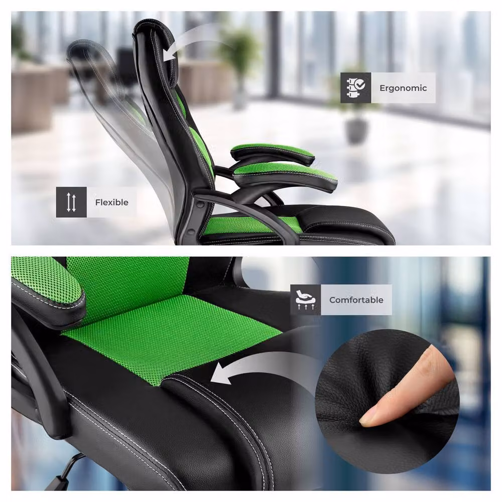 tectake Mike Gaming Chair in Green with Synthetic Leather and Fabric Finish – 7
