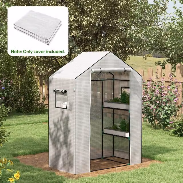 Outsunny White PE Greenhouse Cover Replacement with Door and Mesh Windows, W: 140 cm, D: 73 cm, H: 190 cm – 2