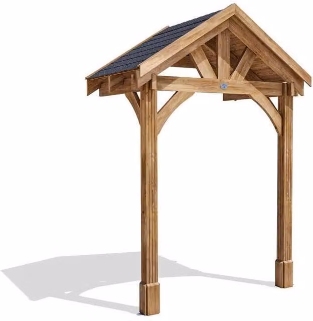 Dunster House Wooden Porch Canopy Kit with Black Shingles and 2 Posts in Brown