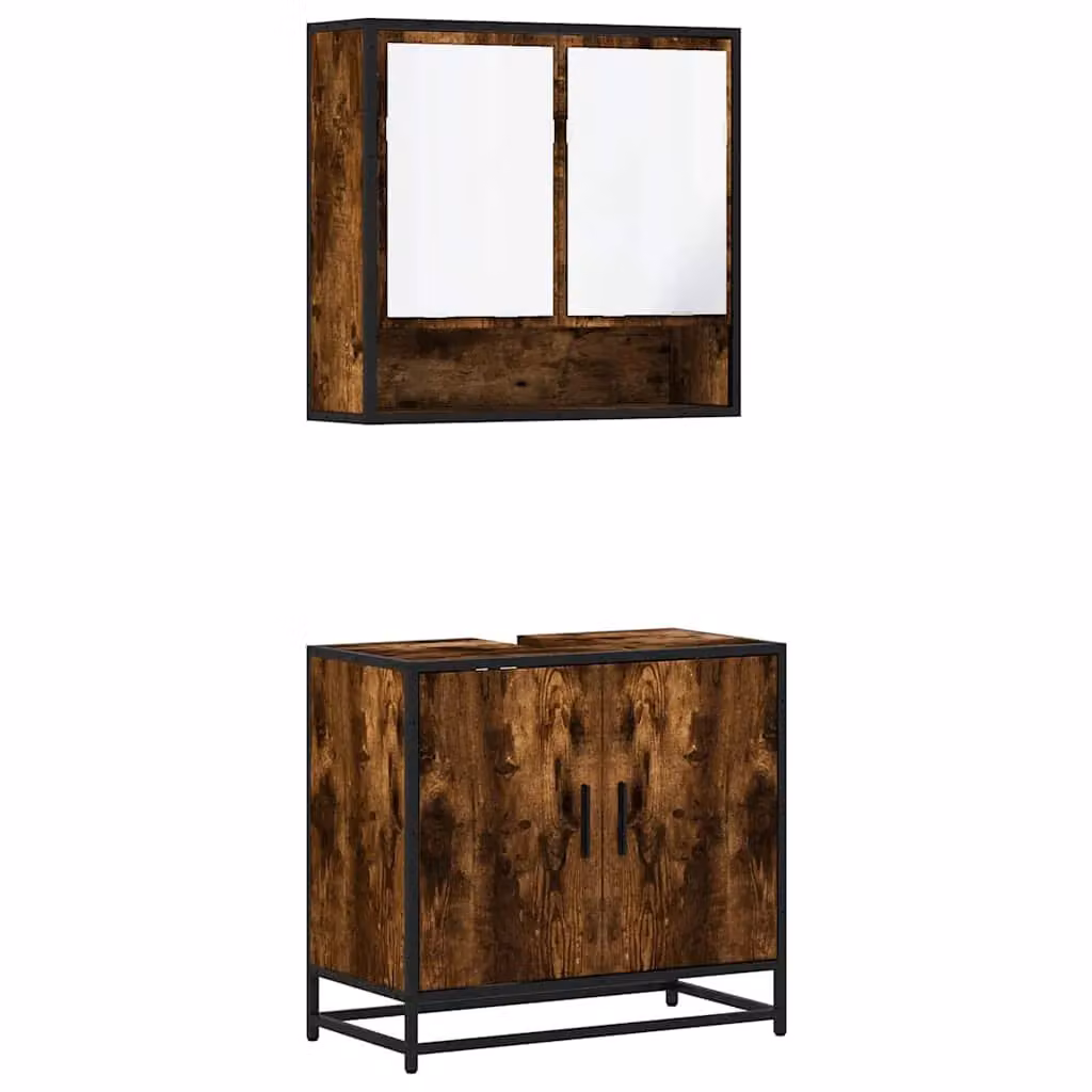 Berkfield Home 2 Piece Industrial Bathroom Furniture Set with Vanity Unit and Mirror Cabinet in Smoked Oak Brown – 2