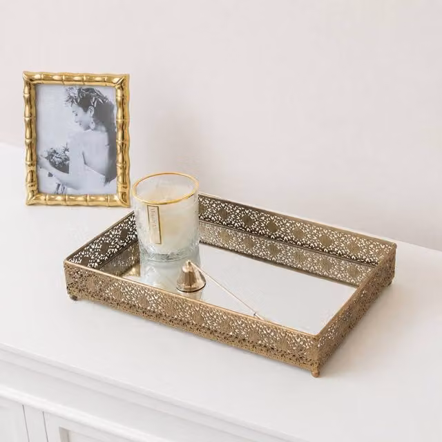 Melody Maison Vintage Gold Rectangular Mirrored Metal and Glass Base Tray, Width: 36 cm