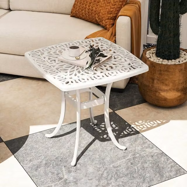 Outsunny White Metal Outdoor Garden Side Table with Umbrella Hole and Floral Design
