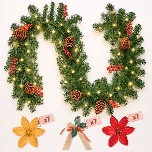 Marco Paul 9ft Pre-Lit Christmas Garland with Red and Gold Flowers and Green Accents – 1