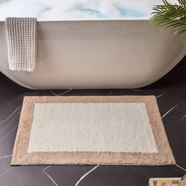 Wyld and Coco Beige and Brown Cotton Geometric Pattern Bath Mat W/D/H: 60 x 90 x 1 cm – 1