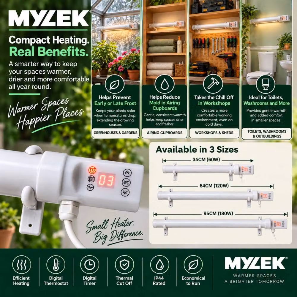 MYLEK White Wall Mounted Tubular Heater with Digital Timer and Frost Protection, 120W – 5