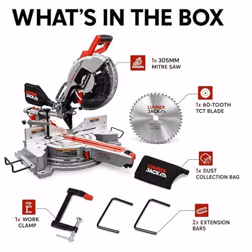 Lumberjack 12 Inch Double Bevel Mitre Saw with LED Shadow Light in Red W/D/H: 1000 x 760 x 340 mm – 6