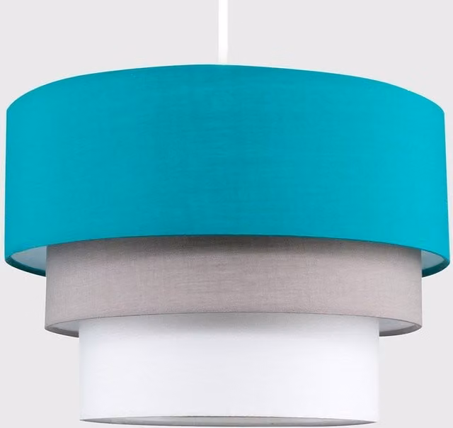 ValueLights Pair of Modern Round Three Tier Fabric Ceiling Light Shades in Turquoise, Grey and White with 10W LED Bulbs, Width: 30 cm