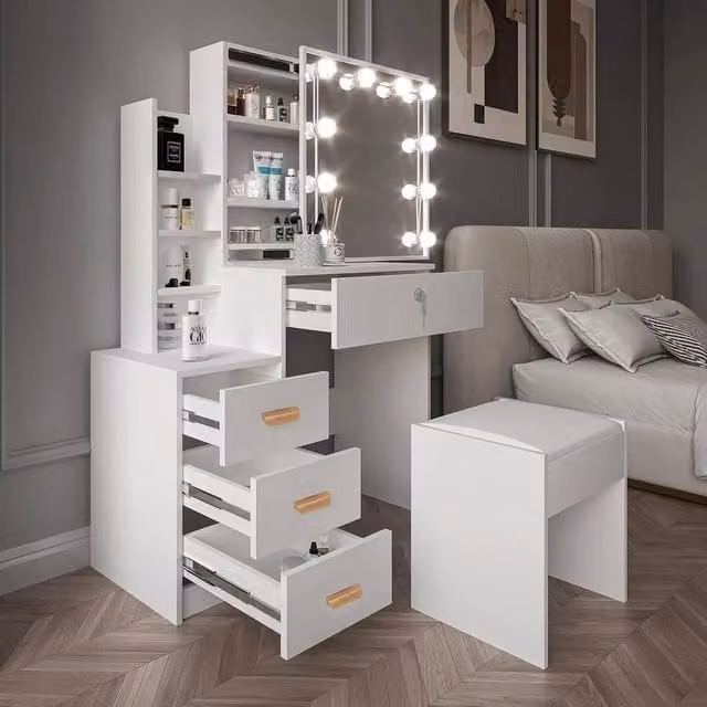 FORGEVIO Modern White Dressing Table Set with Hollywood LED Mirror and Stool