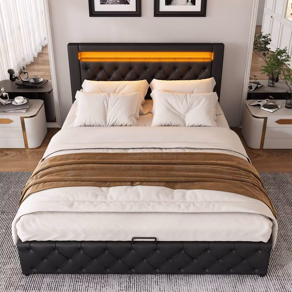 BTM Black PU Upholstered Double Bed with LED Under-Bed Lighting and Lift-Up Storage W/D/H: 135 x 190 x 39 cm – 5