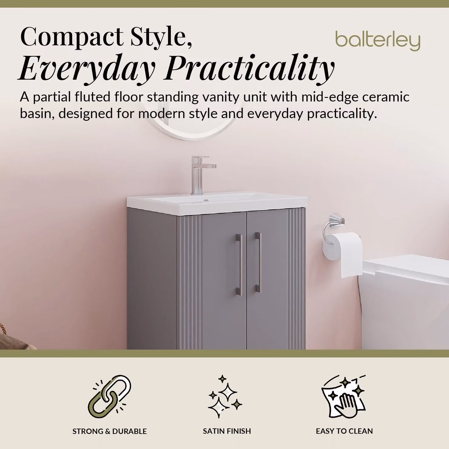 Balterley Floor Standing 2 Door Vanity Unit with Mid-Edge Basin, Satin Grey, H 85 cm x W 60 cm x D 60 cm – 2
