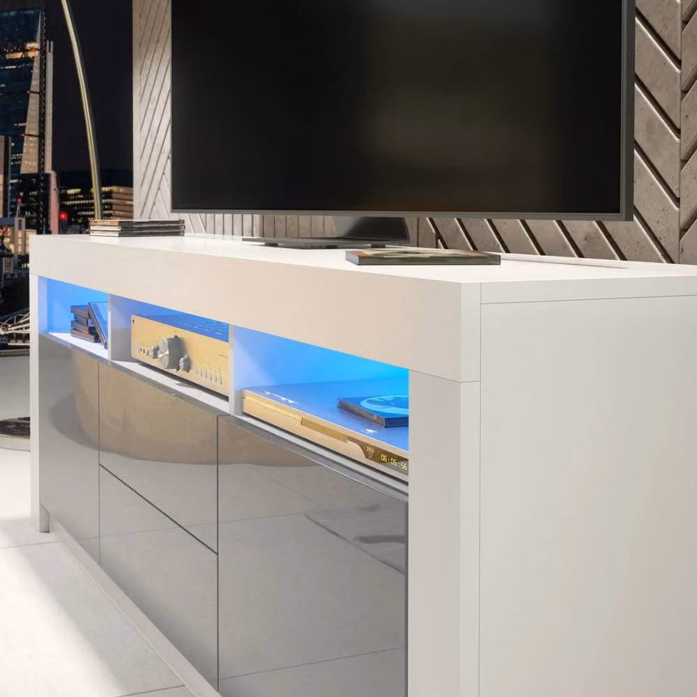 PAWNORA Modern TV Unit with White Matt Body and Grey High Gloss Fronts, Width: 160 cm – 2