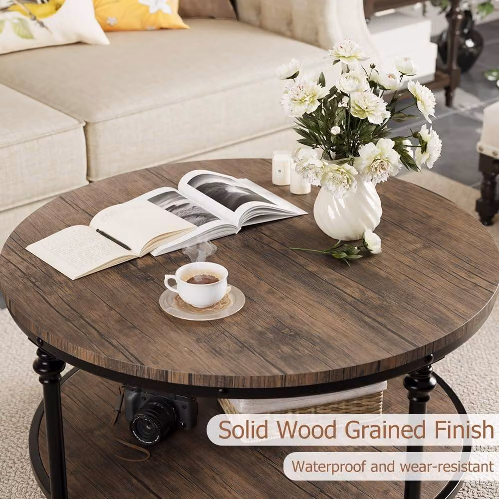 London Boutique 2-Tier Round Wooden Coffee Table in Brown, Diameter: 77 cm – 4