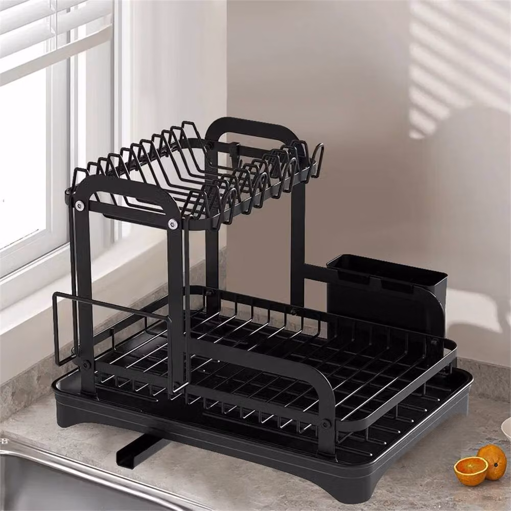 EONLION Black Coated Steel Dish Drainer Rack with Cutlery and Cup Holders, Width: 100 cm – 4